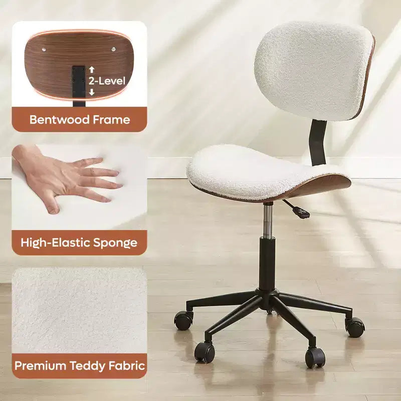 Chaise de bureau sans accoudoirs en similicuir et bois courbé, hauteur 43,31 po