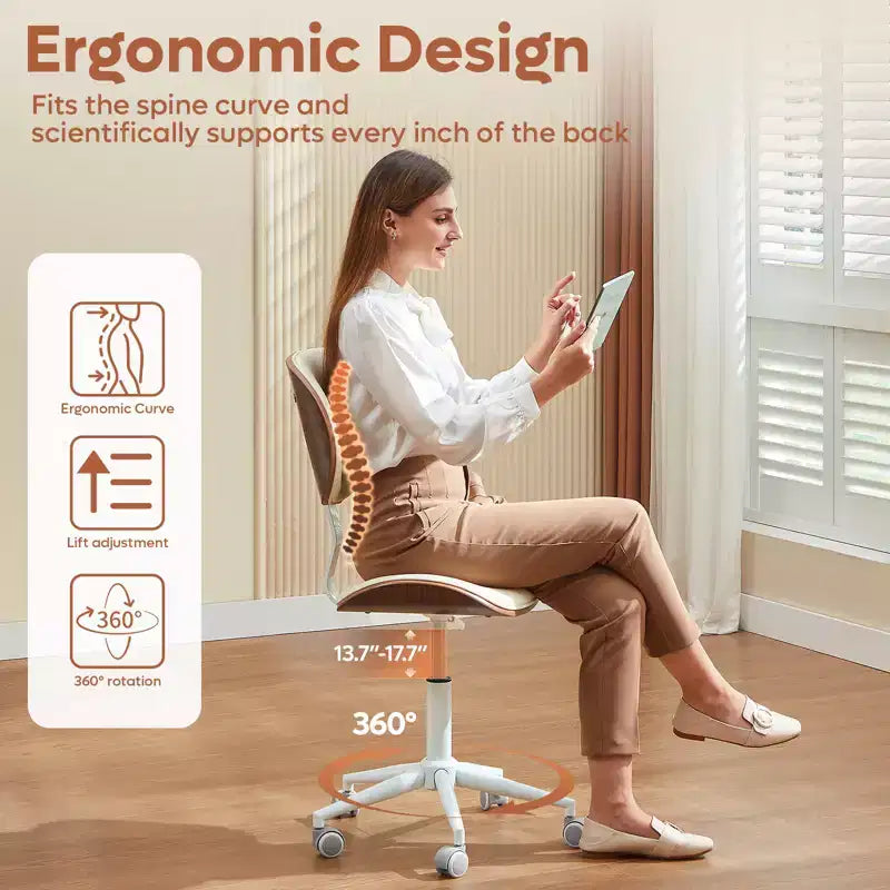 Chaise de bureau sans accoudoirs en similicuir et bois courbé, hauteur 43,31 po