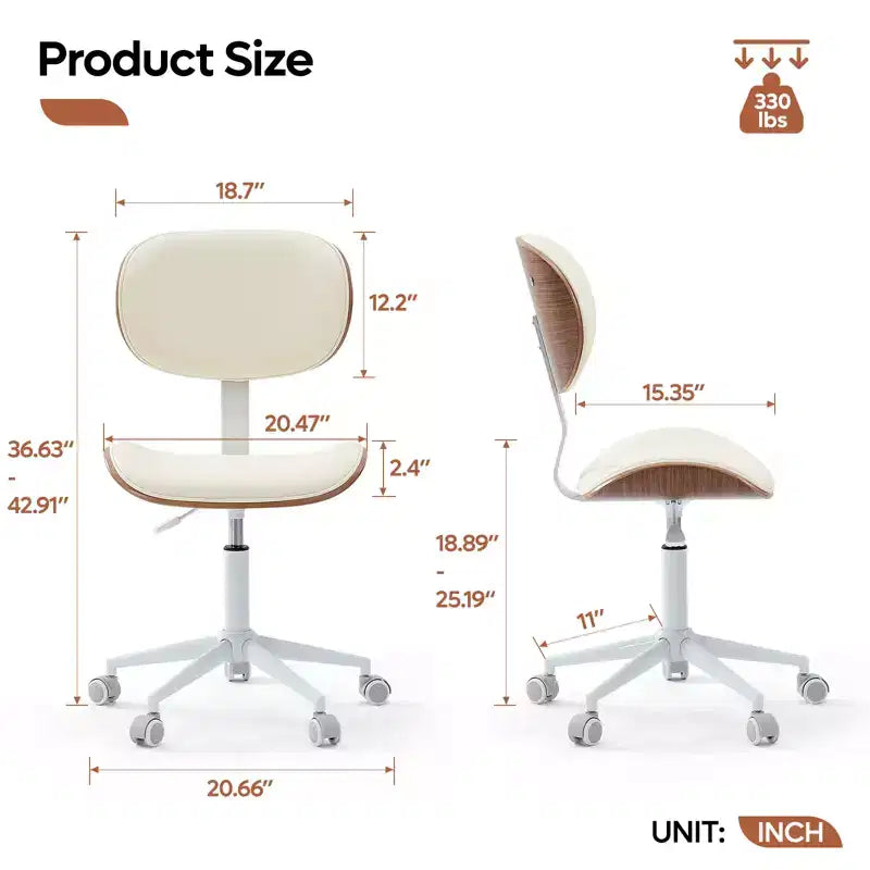 Chaise de bureau sans accoudoirs en similicuir et bois courbé, hauteur 43,31 po