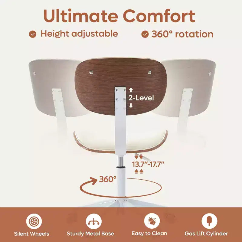 Chaise de bureau sans accoudoirs en similicuir et bois courbé, hauteur 43,31 po