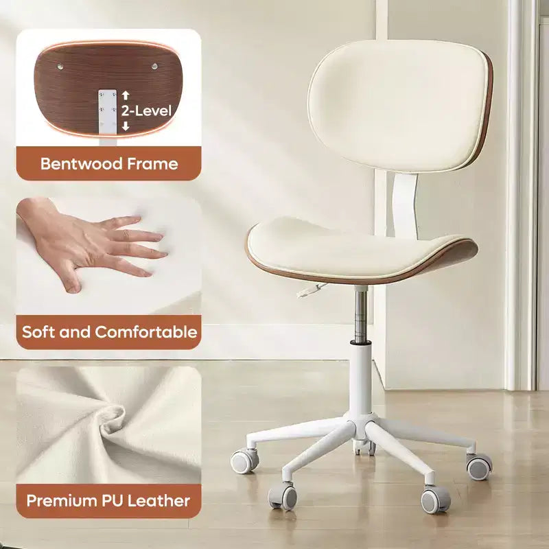 Chaise de bureau sans accoudoirs en similicuir et bois courbé, hauteur 43,31 po