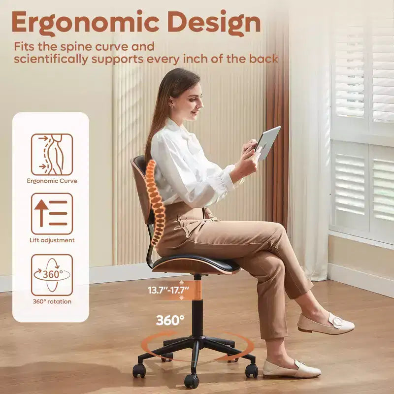 Chaise de bureau sans accoudoirs en similicuir et bois courbé, hauteur 43,31 po