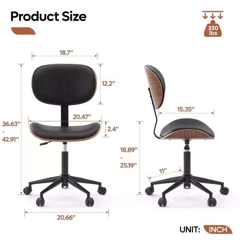 Chaise de bureau sans accoudoirs en similicuir et bois courbé, hauteur 43,31 po