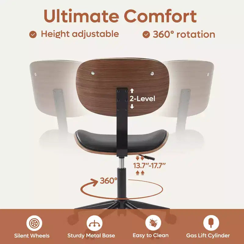 Chaise de bureau sans accoudoirs en similicuir et bois courbé, hauteur 43,31 po