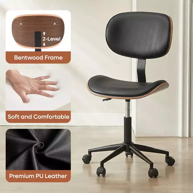Chaise de bureau sans accoudoirs en similicuir et bois courbé, hauteur 43,31 po