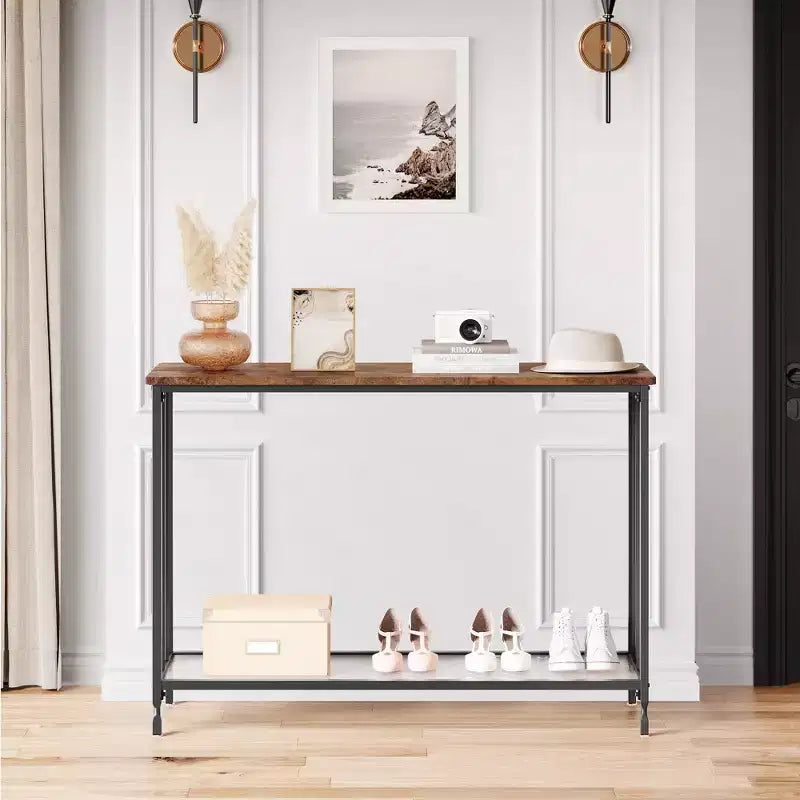 Console en MDF et Métal avec Étagère en Verre 85 cm (L)