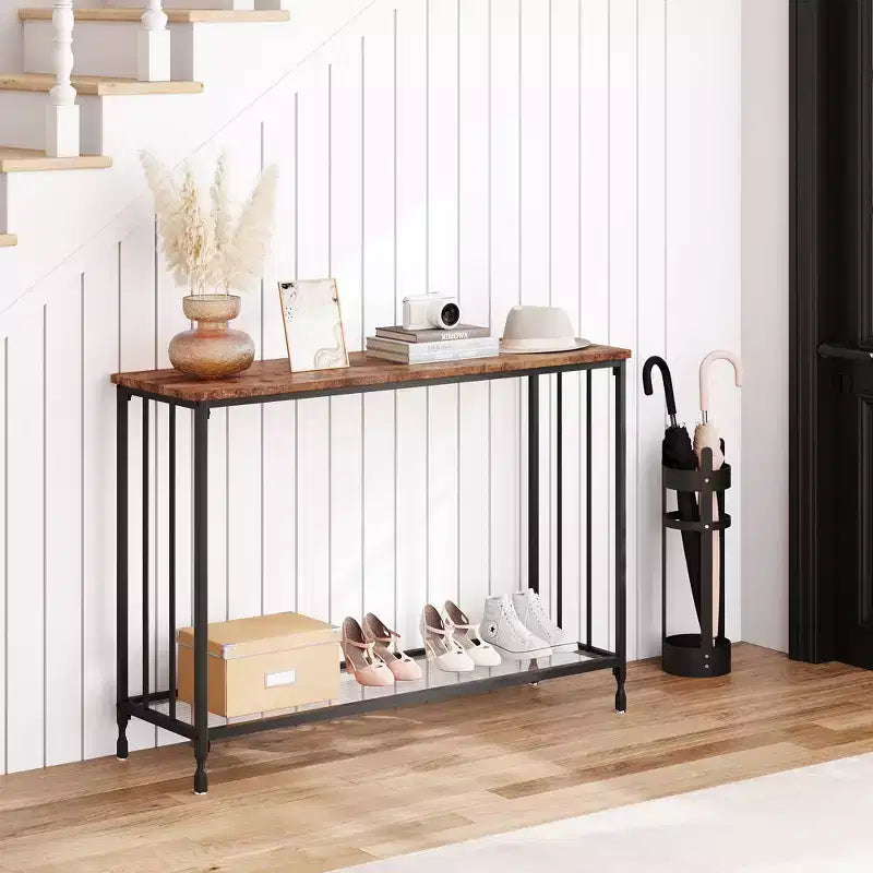 Console en MDF et Métal avec Étagère en Verre 85 cm (L)