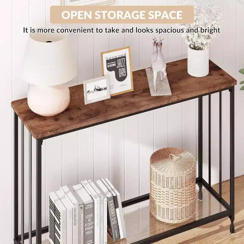 Console en MDF et Métal avec Étagère en Verre 85 cm (L)
