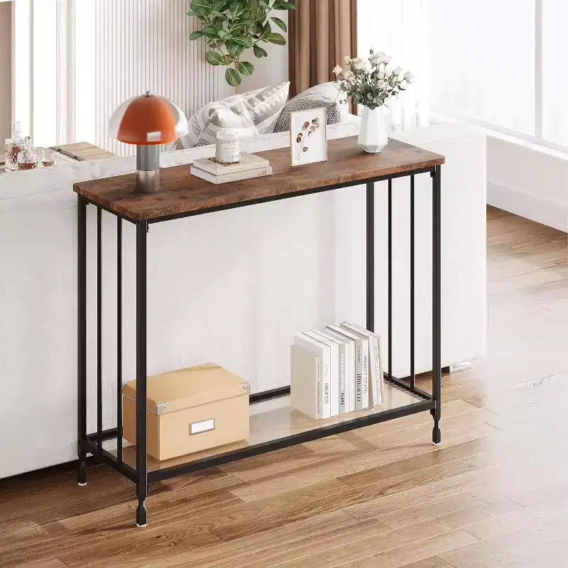 Console en MDF et Métal avec Étagère en Verre 85 cm (L)