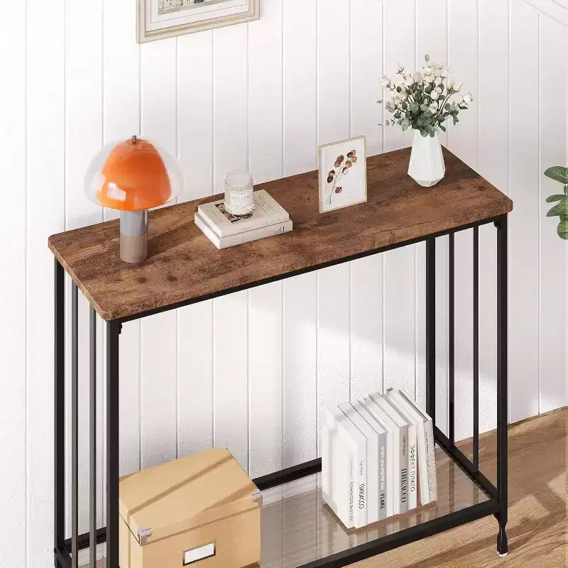 Console en MDF et Métal avec Étagère en Verre 85 cm (L)
