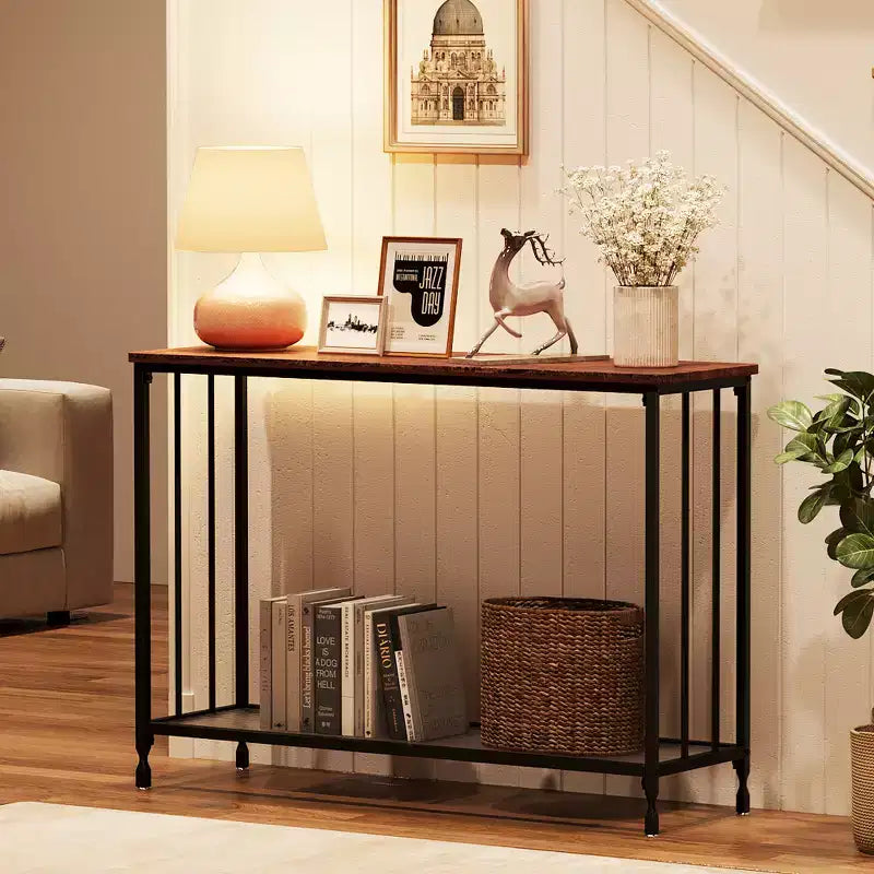 Console en MDF et Métal avec Étagère en Verre 85 cm (L)