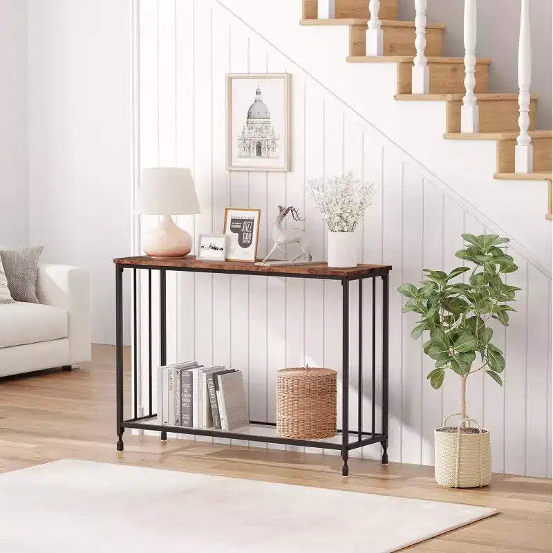 Console en MDF et Métal avec Étagère en Verre 85 cm (L)