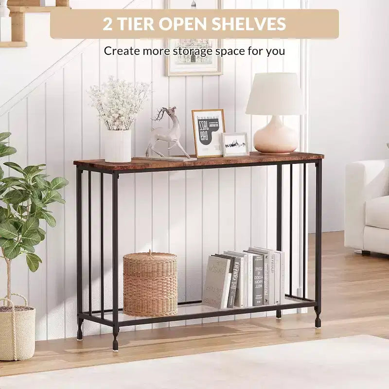 Console en MDF et Métal avec Étagère en Verre 85 cm (L)