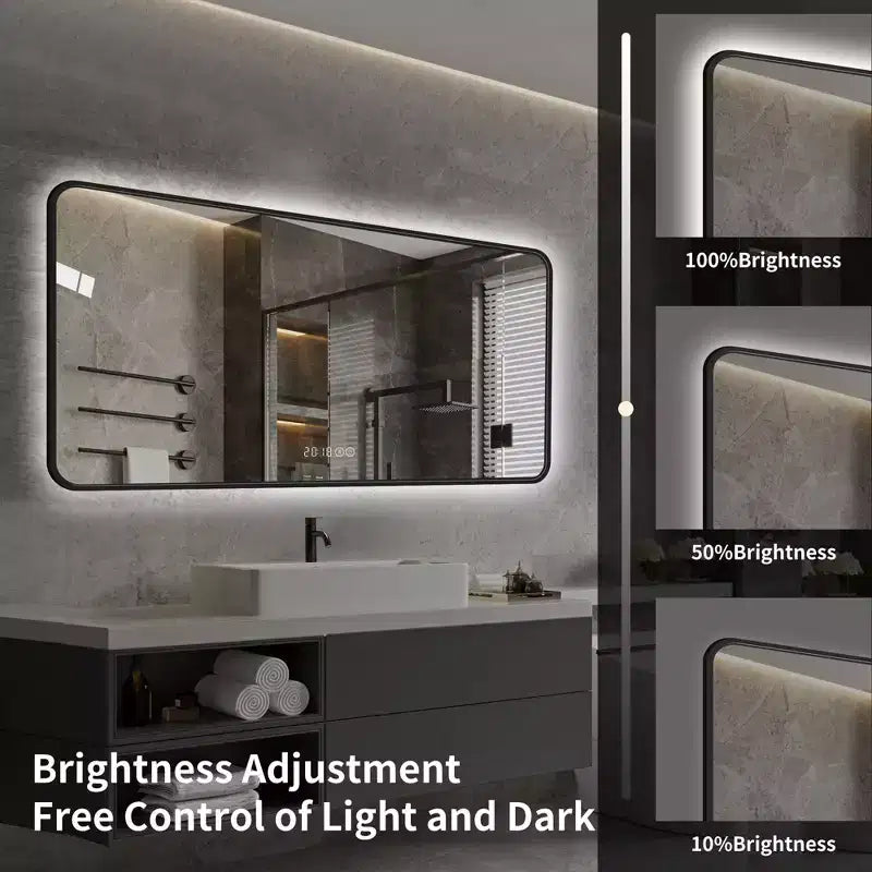 Miroir de salle de bain en alliage d'aluminium avec lumière LED et anti-buée 48"L × 24"H