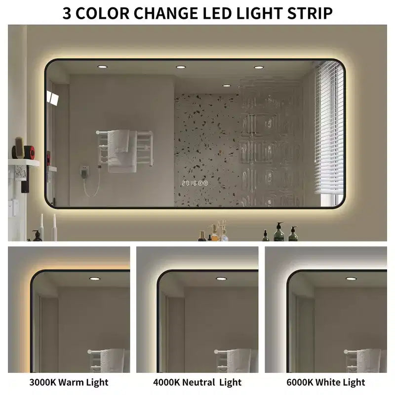 Miroir de salle de bain en alliage d'aluminium avec lumière LED et anti-buée 48"L × 24"H