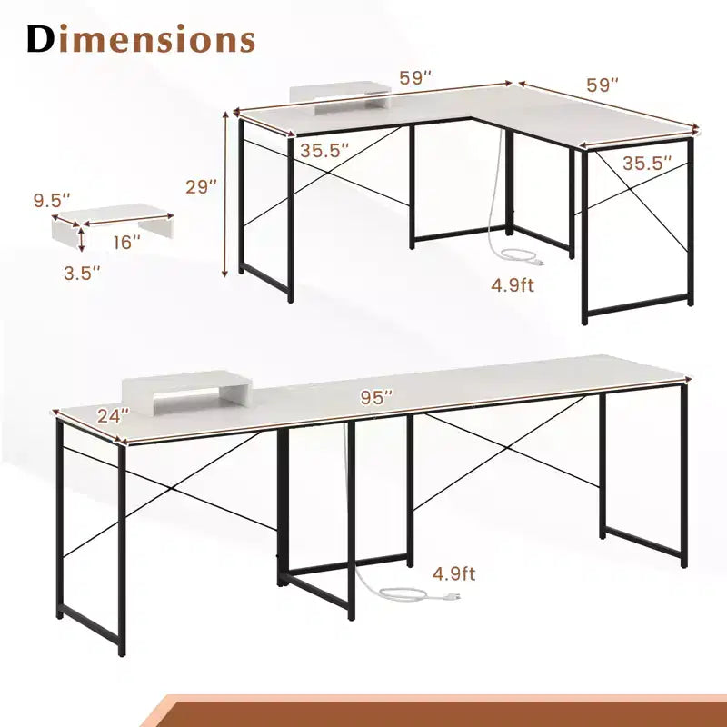 Bureau d'angle en métal pour 2 personnes avec prises électriques et étagère pour écran 95"L 56 lb