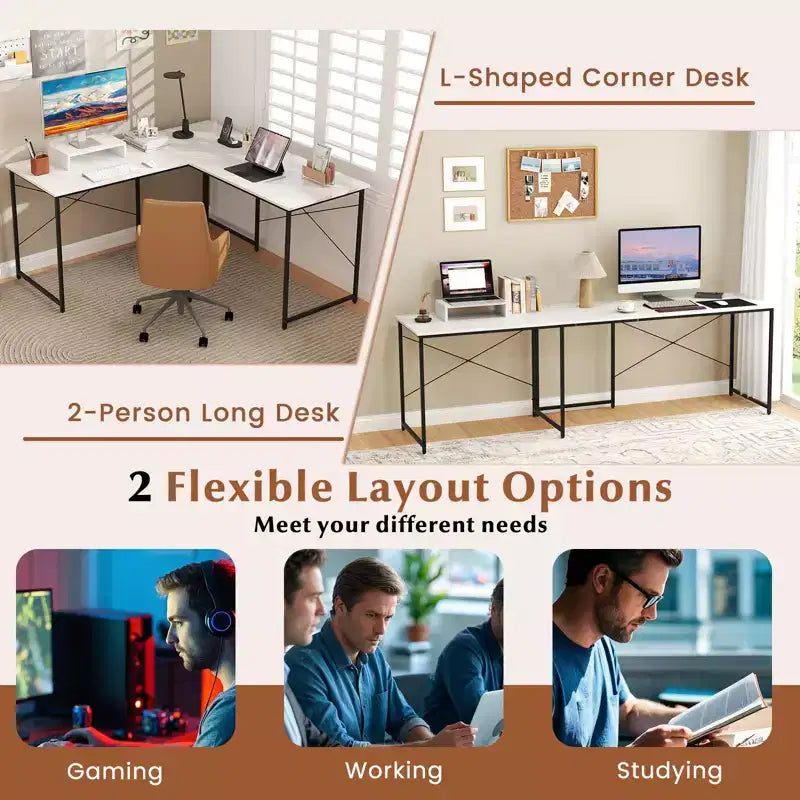 Bureau d'angle en métal pour 2 personnes avec prises électriques et étagère pour écran 95"L 56 lb