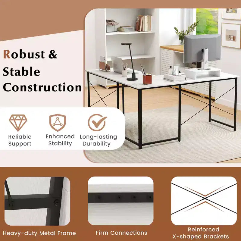 Bureau d'angle en métal pour 2 personnes avec prises électriques et étagère pour écran 95"L 56 lb