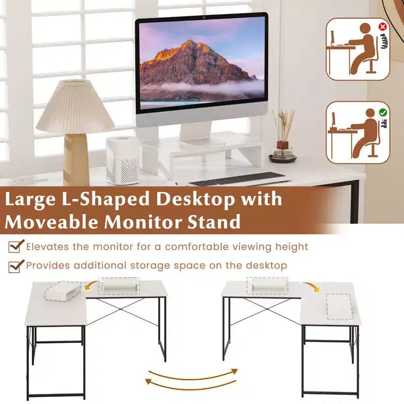 Bureau d'angle en métal pour 2 personnes avec prises électriques et étagère pour écran 95"L 56 lb