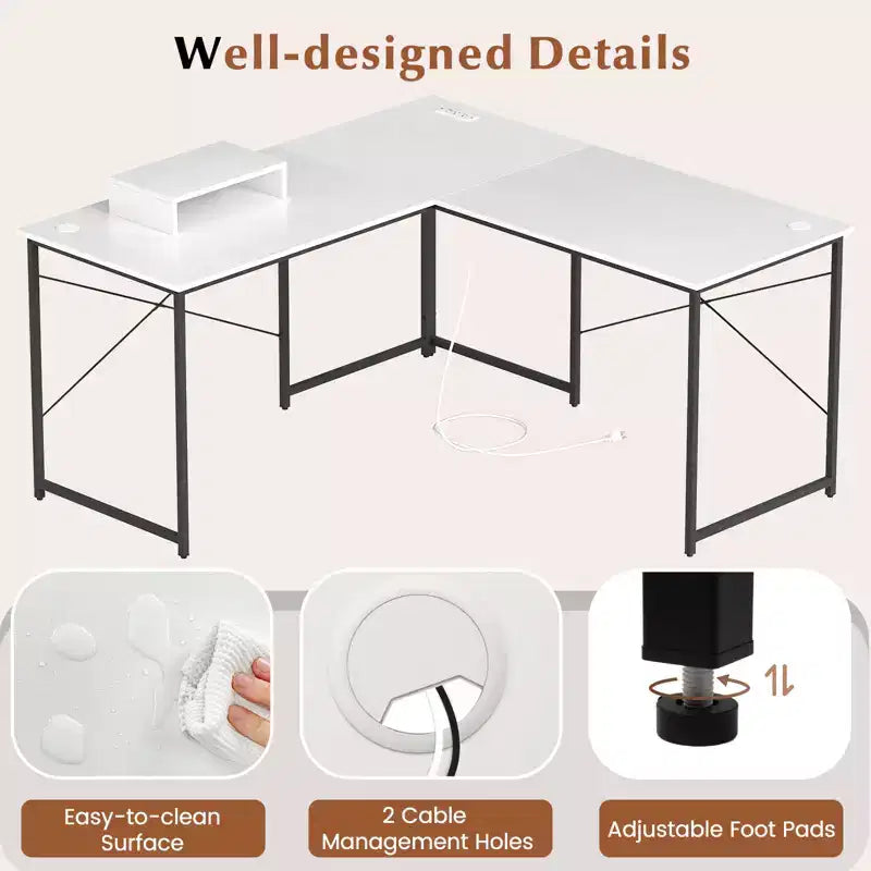 Bureau d'angle en métal pour 2 personnes avec prises électriques et étagère pour écran 95"L 56 lb