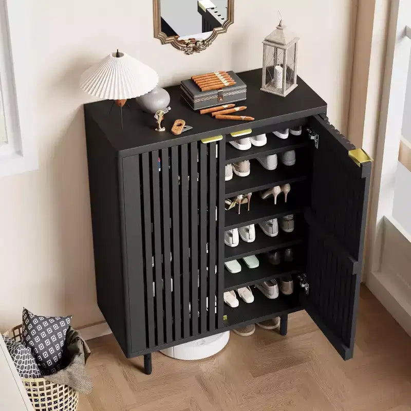 Meuble à chaussures 6 niveaux en MDF avec portes persiennes, 24 paires, 43 kg