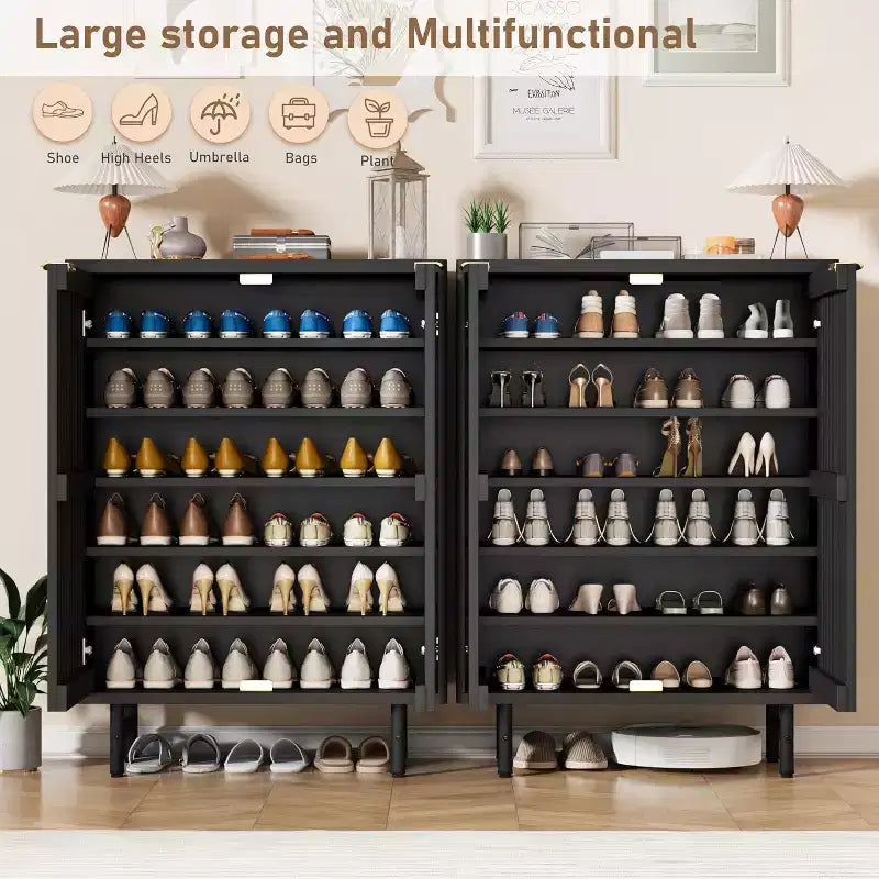Meuble à chaussures 6 niveaux en MDF avec portes persiennes, 24 paires, 43 kg