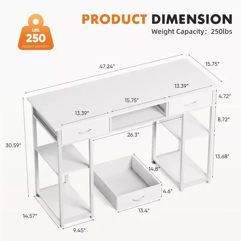 Bureau métallique avec 2 tiroirs et étagères ouvertes 122 cm (L) 7,7 kg