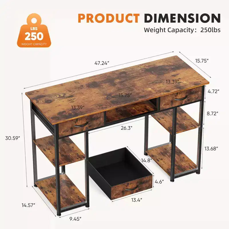 Bureau métallique avec 2 tiroirs et étagères ouvertes 122 cm (L) 7,7 kg