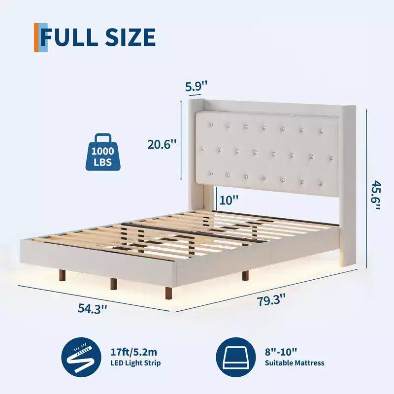 Lit plateforme flottant en MDF avec tête de lit en velours et rangement 52 lb