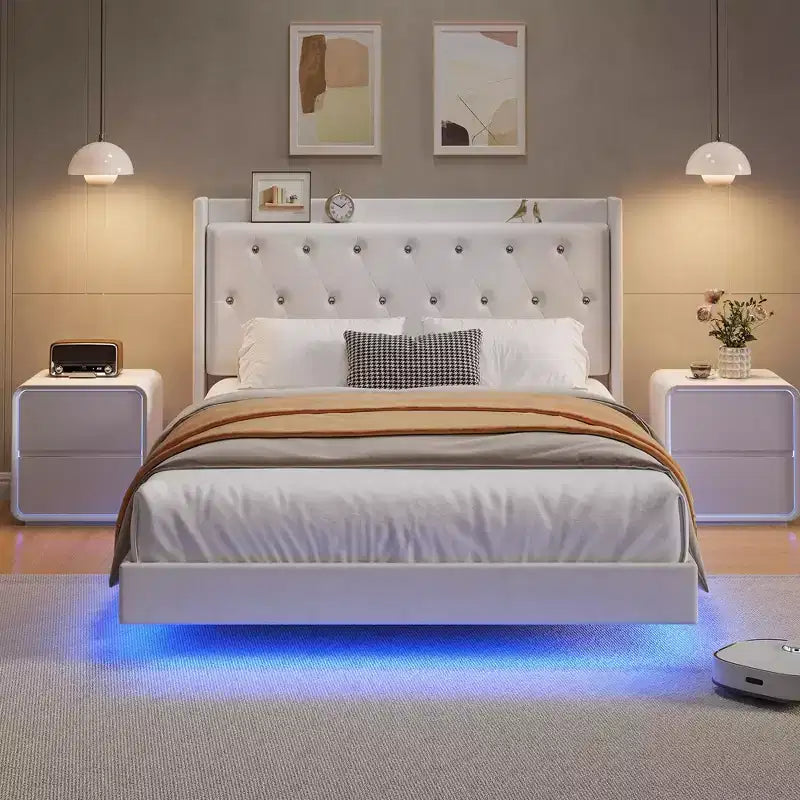 Lit plateforme flottant en MDF avec tête de lit en velours et rangement 52 lb