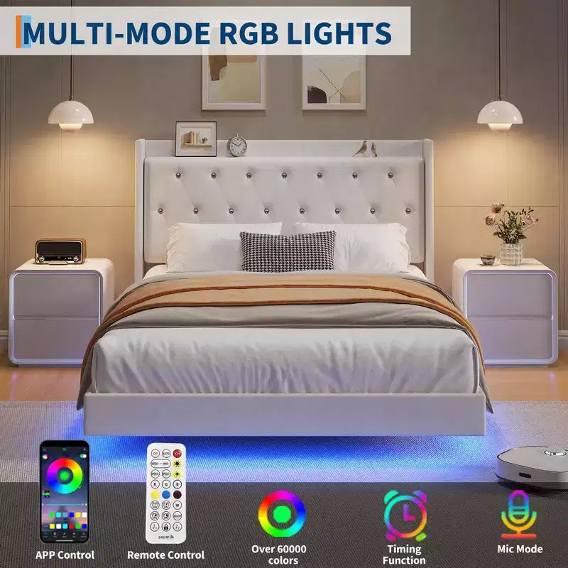 Lit plateforme flottant en MDF avec tête de lit en velours et rangement 52 lb