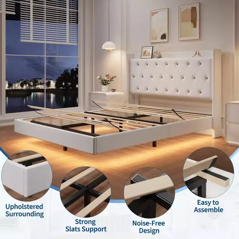 Lit plateforme flottant en MDF avec tête de lit en velours et rangement 52 lb