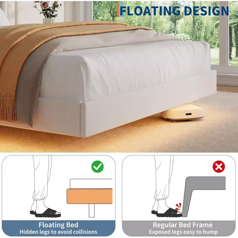 Lit plateforme flottant en MDF avec tête de lit en velours et rangement 52 lb