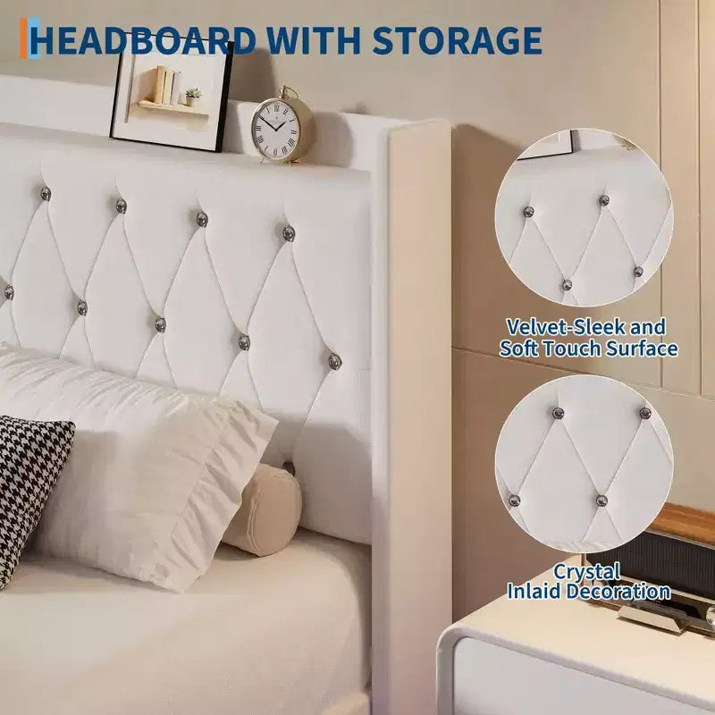 Lit plateforme flottant en MDF avec tête de lit en velours et rangement 52 lb