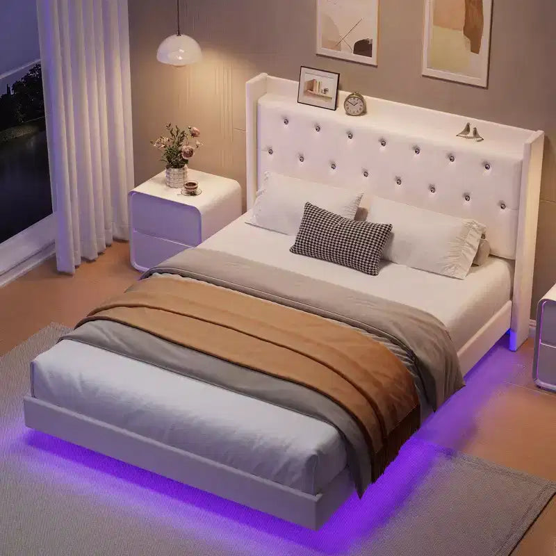 Lit plateforme flottant en MDF avec tête de lit en velours et rangement 52 lb
