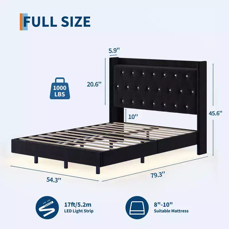 Lit plateforme flottant en MDF avec tête de lit en velours et rangement 52 lb