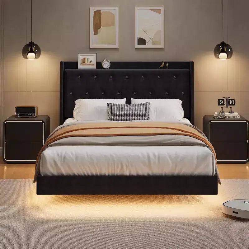 Lit plateforme flottant en MDF avec tête de lit en velours et rangement 52 lb