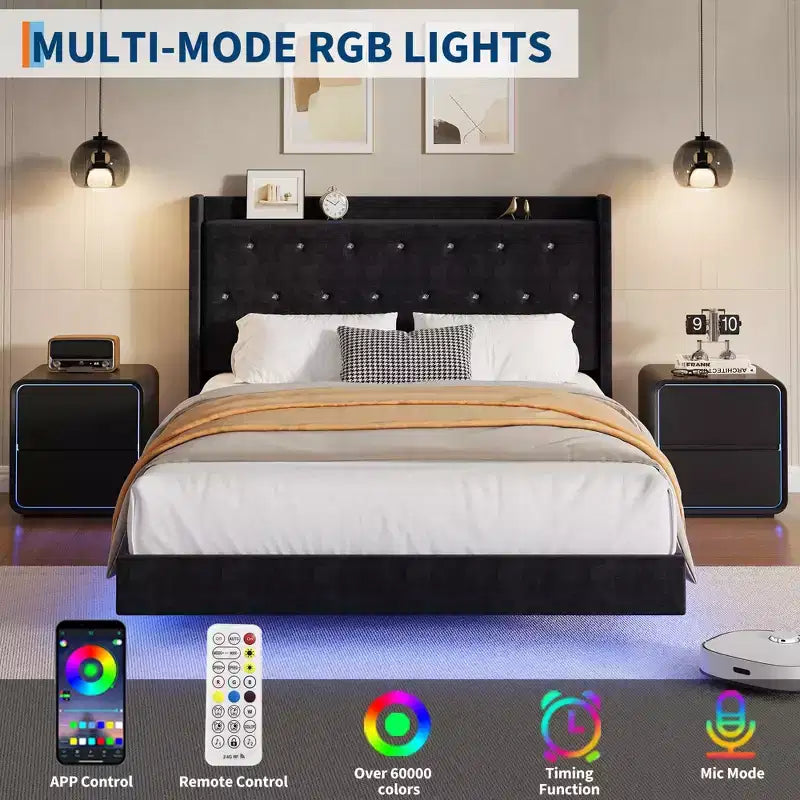 Lit plateforme flottant en MDF avec tête de lit en velours et rangement 52 lb
