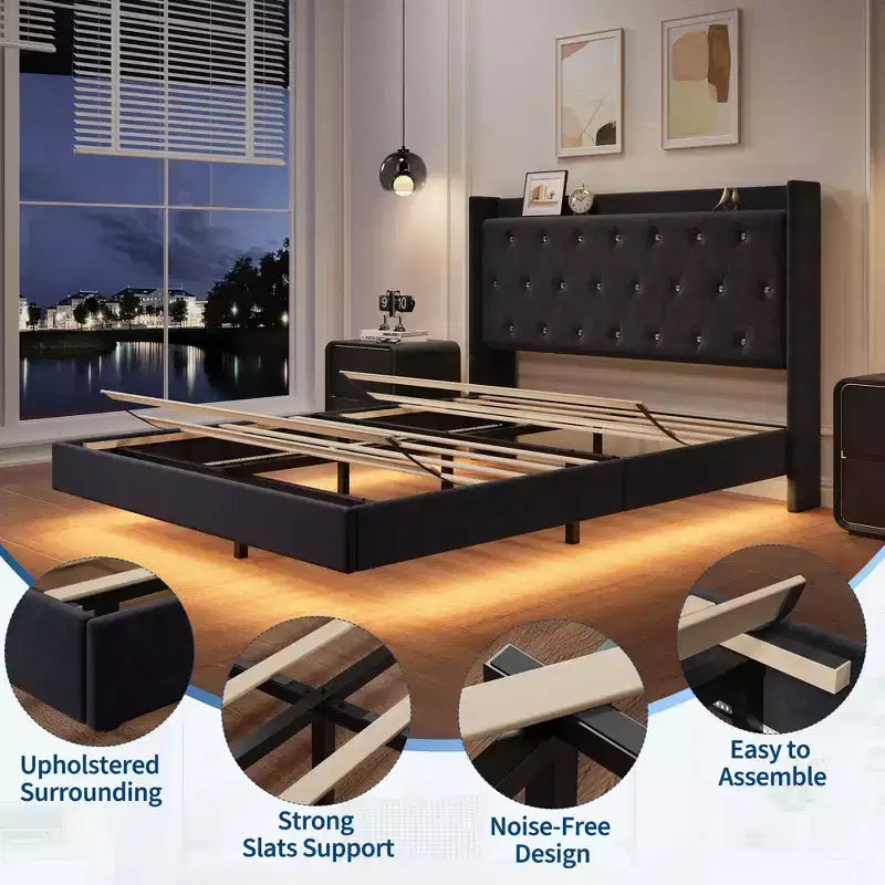 Lit plateforme flottant en MDF avec tête de lit en velours et rangement 52 lb