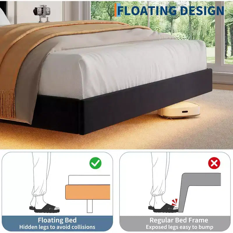 Lit plateforme flottant en MDF avec tête de lit en velours et rangement 52 lb