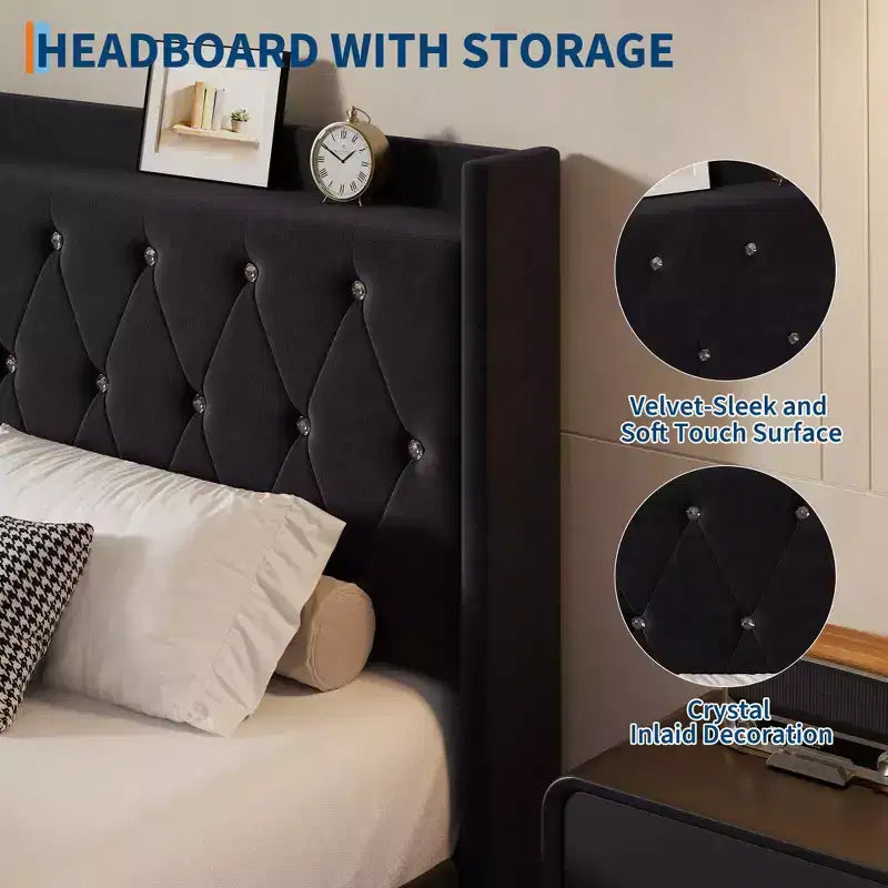 Lit plateforme flottant en MDF avec tête de lit en velours et rangement 52 lb