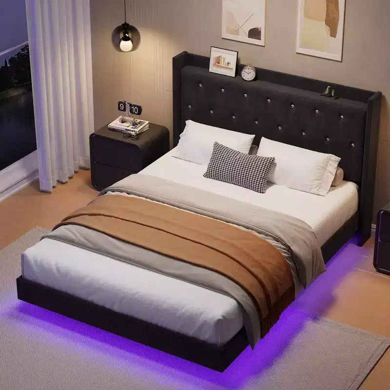 Lit plateforme flottant en MDF avec tête de lit en velours et rangement 52 lb