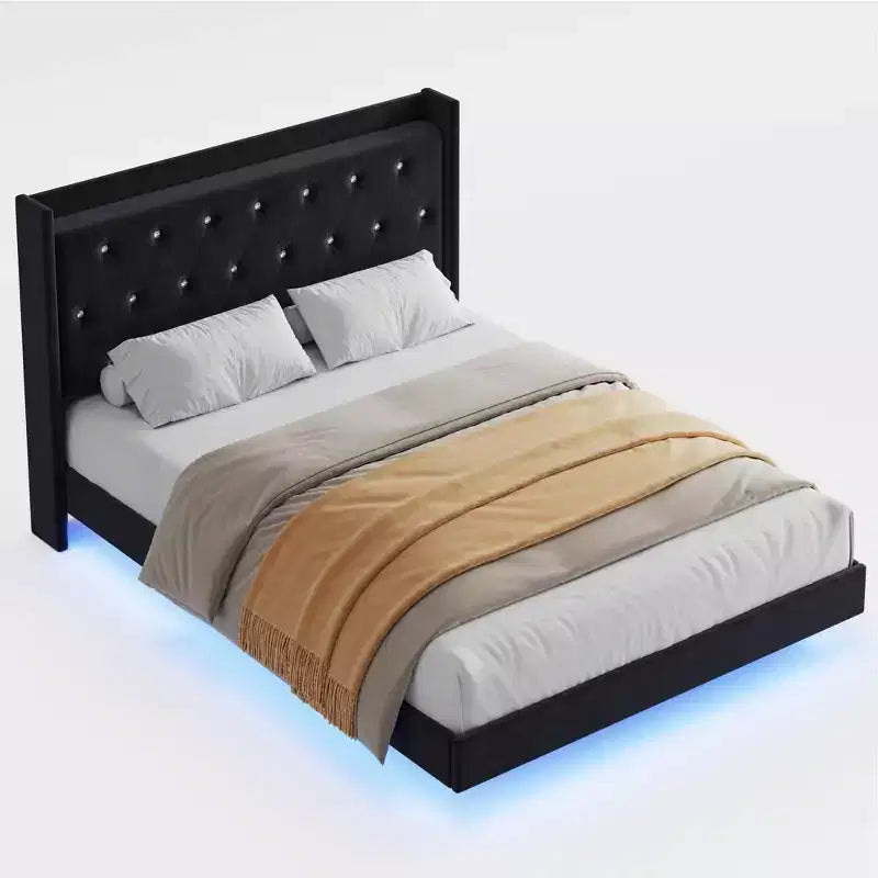 Lit plateforme flottant en MDF avec tête de lit en velours et rangement 52 lb