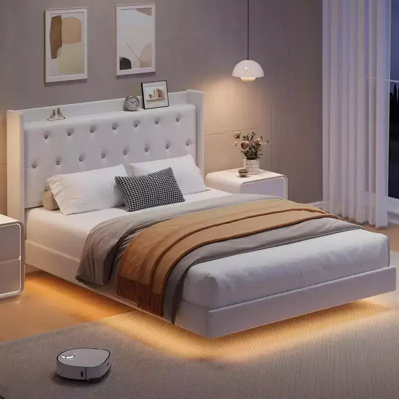 Lit plateforme flottant en MDF avec tête de lit en velours et rangement 52 lb