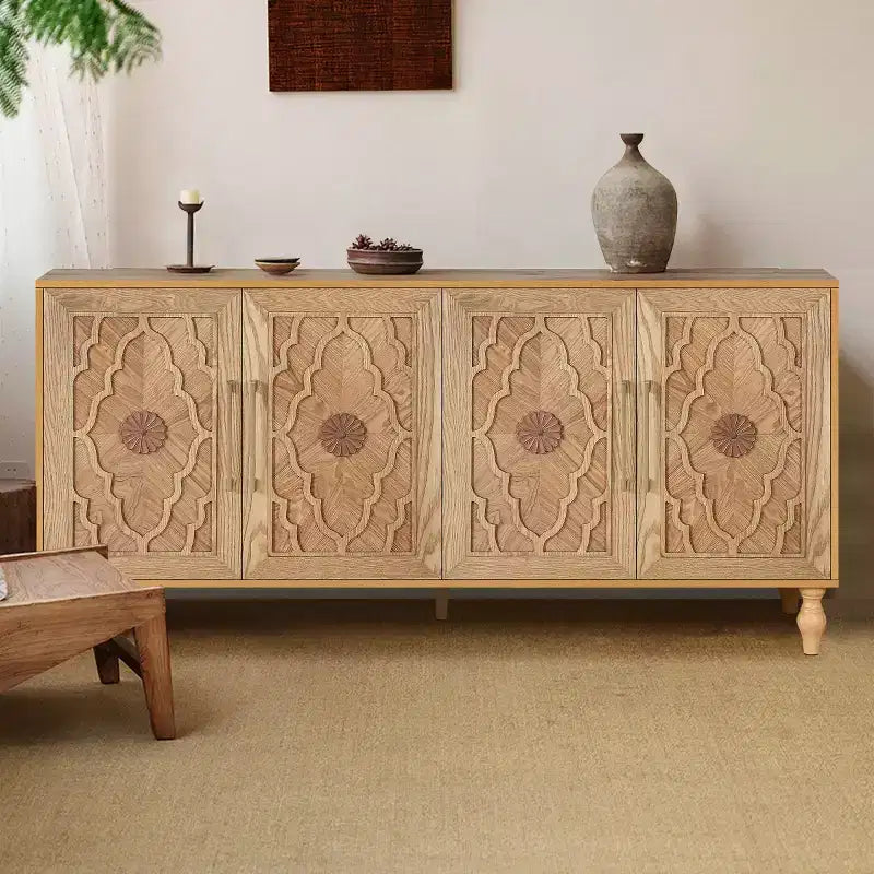 Buffet-bahut en bois avec portes sculptées et poignées métalliques 80 lb