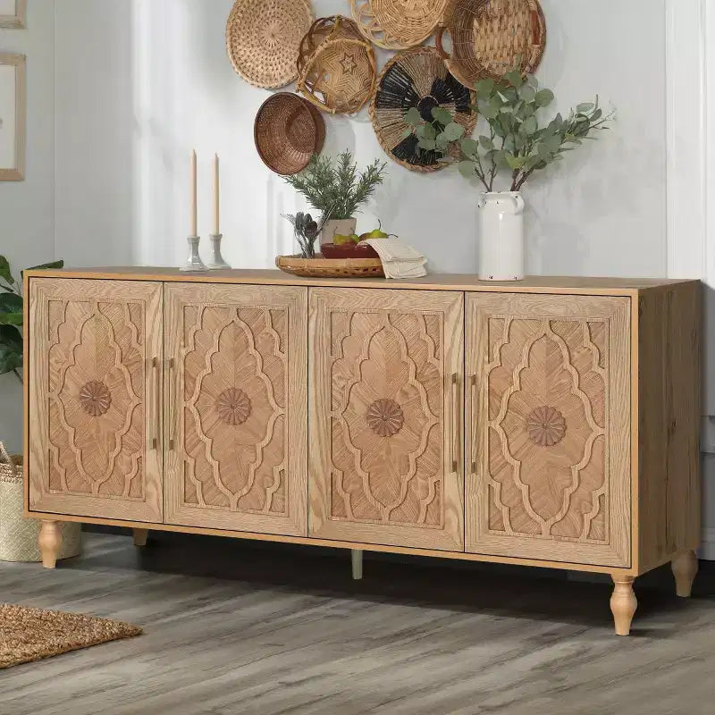 Buffet-bahut en bois avec portes sculptées et poignées métalliques 80 lb
