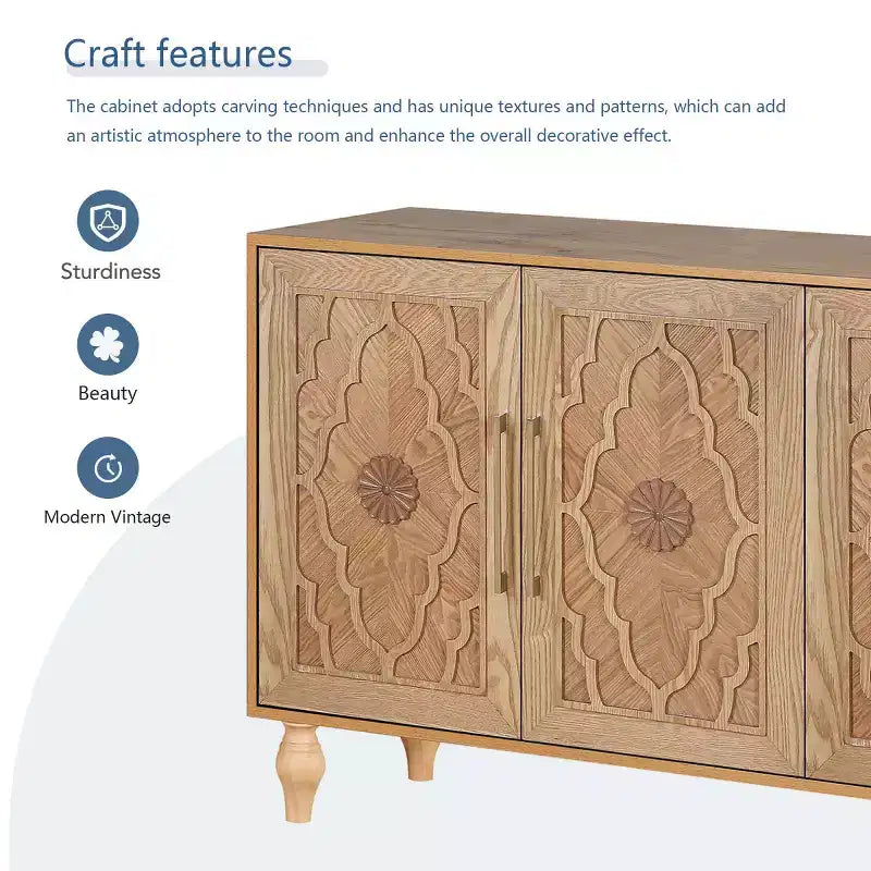 Buffet-bahut en bois avec portes sculptées et poignées métalliques 80 lb