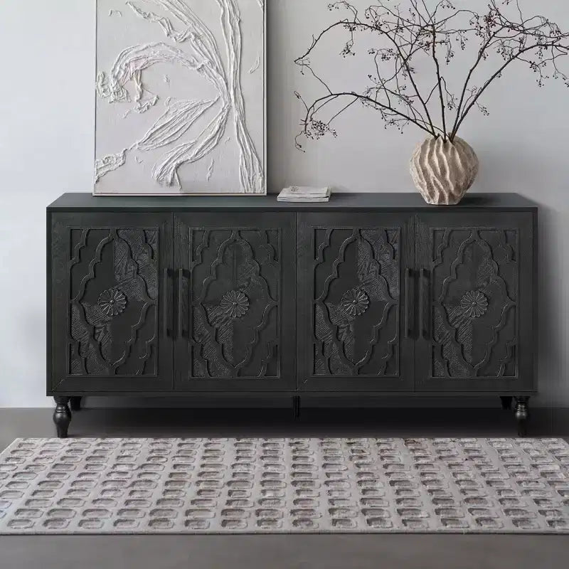 Buffet-bahut en bois avec portes sculptées et poignées métalliques 80 lb