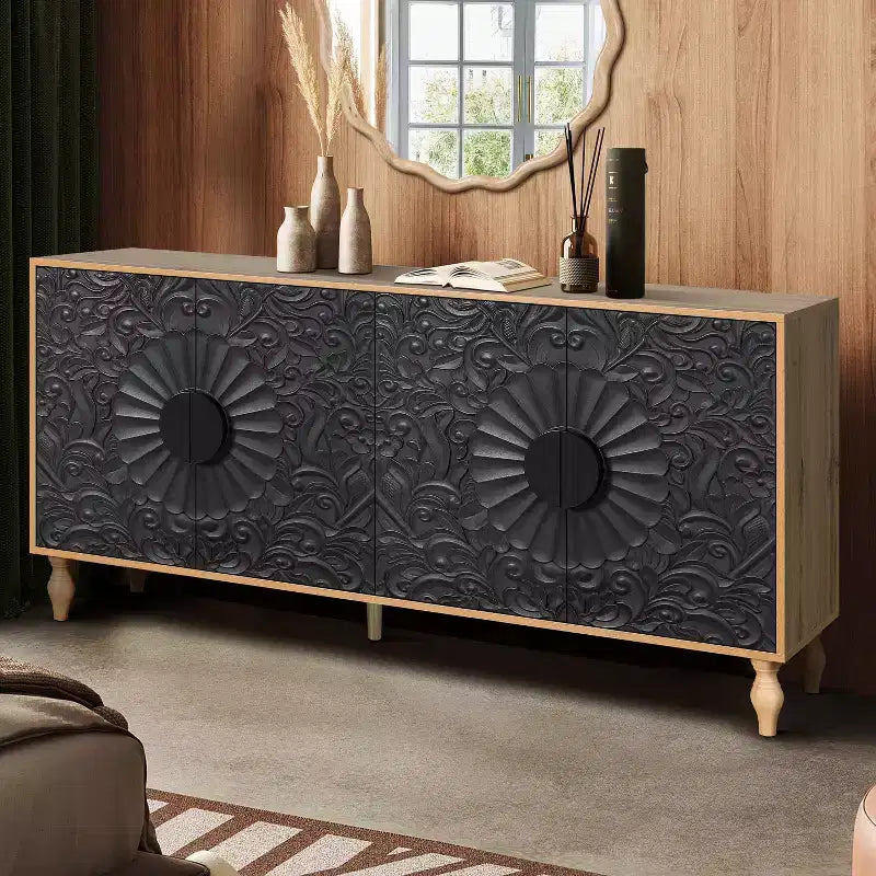 Buffet-bahut en bois avec portes sculptées et poignées métalliques 80 lb