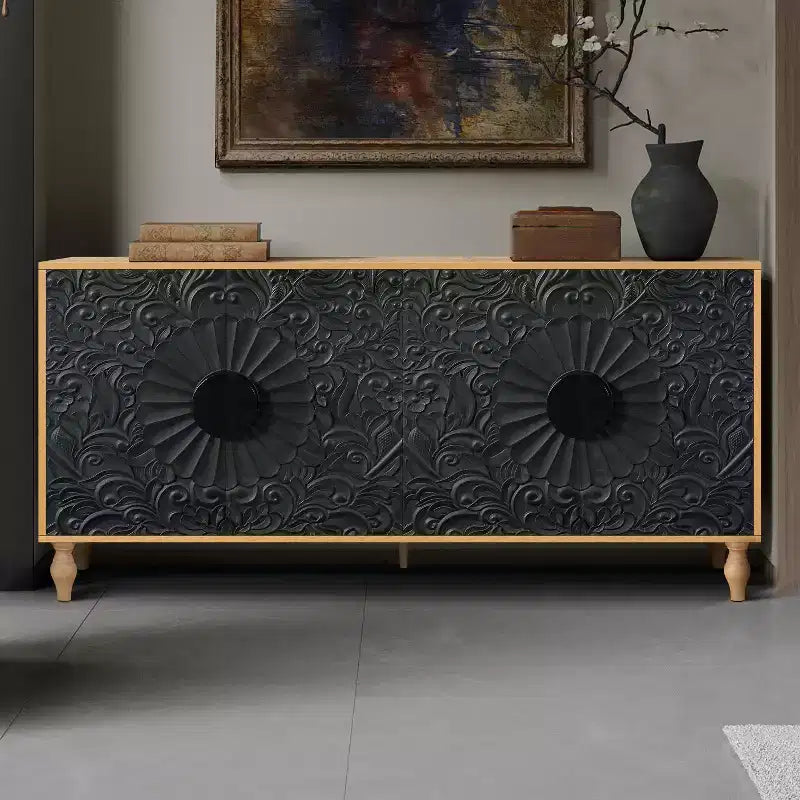 Buffet-bahut en bois avec portes sculptées et poignées métalliques 80 lb